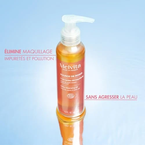 Melvita - Huile Démaquillante - Source de Roses - Nettoyage Doux &amp; Efficace - Enrichie en Extraits de Roses Sauvages &amp; Huiles Végétales - 145 ml