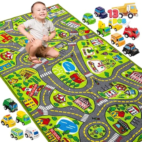 JOYIN Tapis de Chambre d'enfant, 80 x 150 cm, avec 12 Mini Jouets de Voiture, pour Enfants à partir, Tapis de Jeu, Rue, Tapis de Voiture, pour garçon et Fille, pour Chambre à Coucher et Salle
