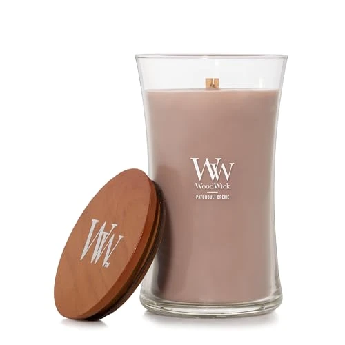 Bougie parfumée WoodWick avec mèche crépitante | Grande Bougie Patchouli Crème | Bougies à combustion longue : Jusqu’à 130 heures | Le cadeau parfait pour les femmes