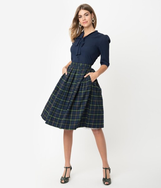 1950s Style Navy & Green Plaid Cotton Pleated Swing Skirt