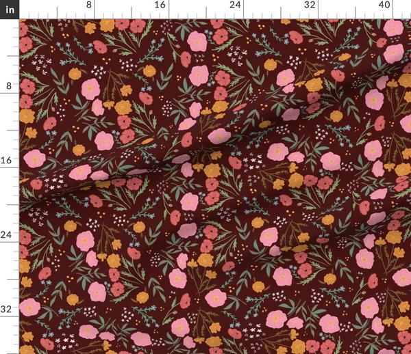 Fabric in Handdrawn Cottage Flowers Embroidery Dark Victorian Vintage Moody Florals