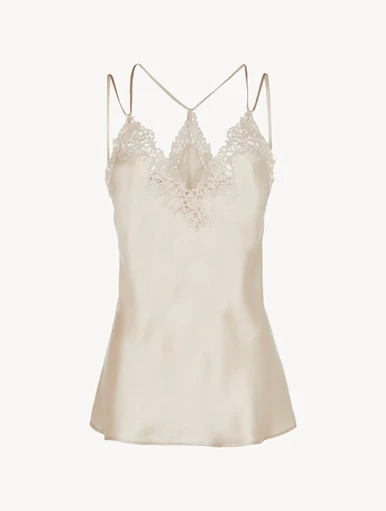 Débardeur beige rosé en soie avec macramé