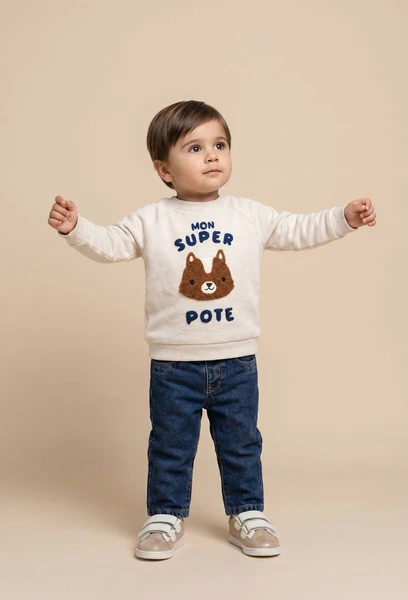 Jean droit taille élastique uni en coton