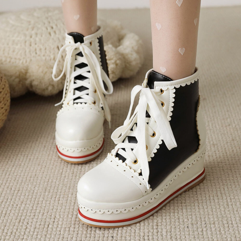 Bottes Lolita à plateforme, chaussures de marque, de grande qualité, mignonnes et à lacets, Cosplay Brogue, bottines grande taille 44