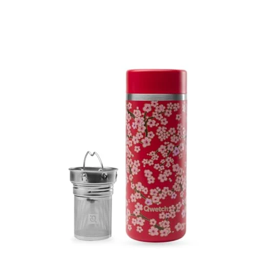 Qwetch - Théière Isotherme Nomade 400ml - Infuseur avec 2 Filtres - 12h Chaud / 24h Froid - Étanche, Réutilisable &amp; Durable - Pour Thé, Café, Tisane, Fruits (Flowers Rouge)