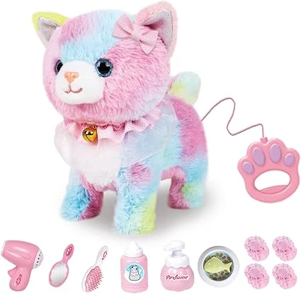 RuiDaXiang Jouet électronique en Peluche pour Chat avec Laisse télécommandée,Chat interactif réaliste, Marchant,Comprend des Accessoires pour Chat (Coloré Chat)