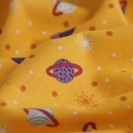 Tissu jersey coton Planètes moutarde
