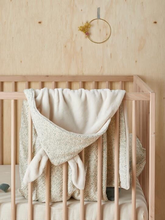 Plaid bébé gaze de coton doublé polaire ivoire/ fleuri vert