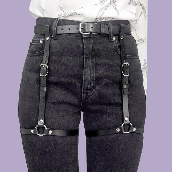 Ceinture Punk en cuir noir pour femmes, jarretelles de taille, Bondage corporel fait à la main, bretelles de jambes Sexy, harnais, bas