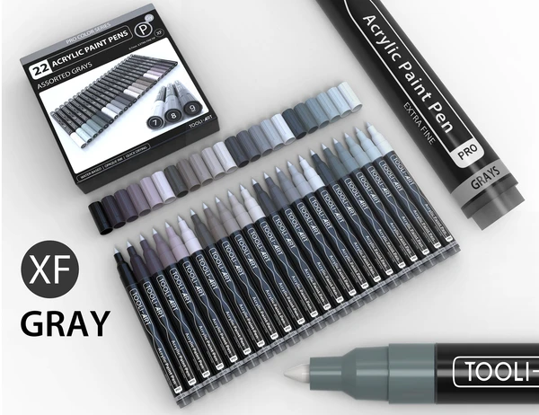 Acrylic Paint Pens 22 Assorted Gray Pro Color Series Specialty Markers Set (0.7mm EXTRA FINE)