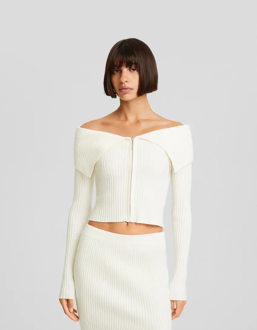 Gilet manches longues zippé col Bardot