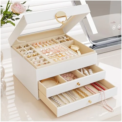 OrderlyGo Grande boîte à bijoux avec 3 niveaux - Couvercle transparent - Doublure en velours - Organisateur de bijoux pour boucles d'oreilles, colliers, bracelets - Boîte de rangement moderne pour