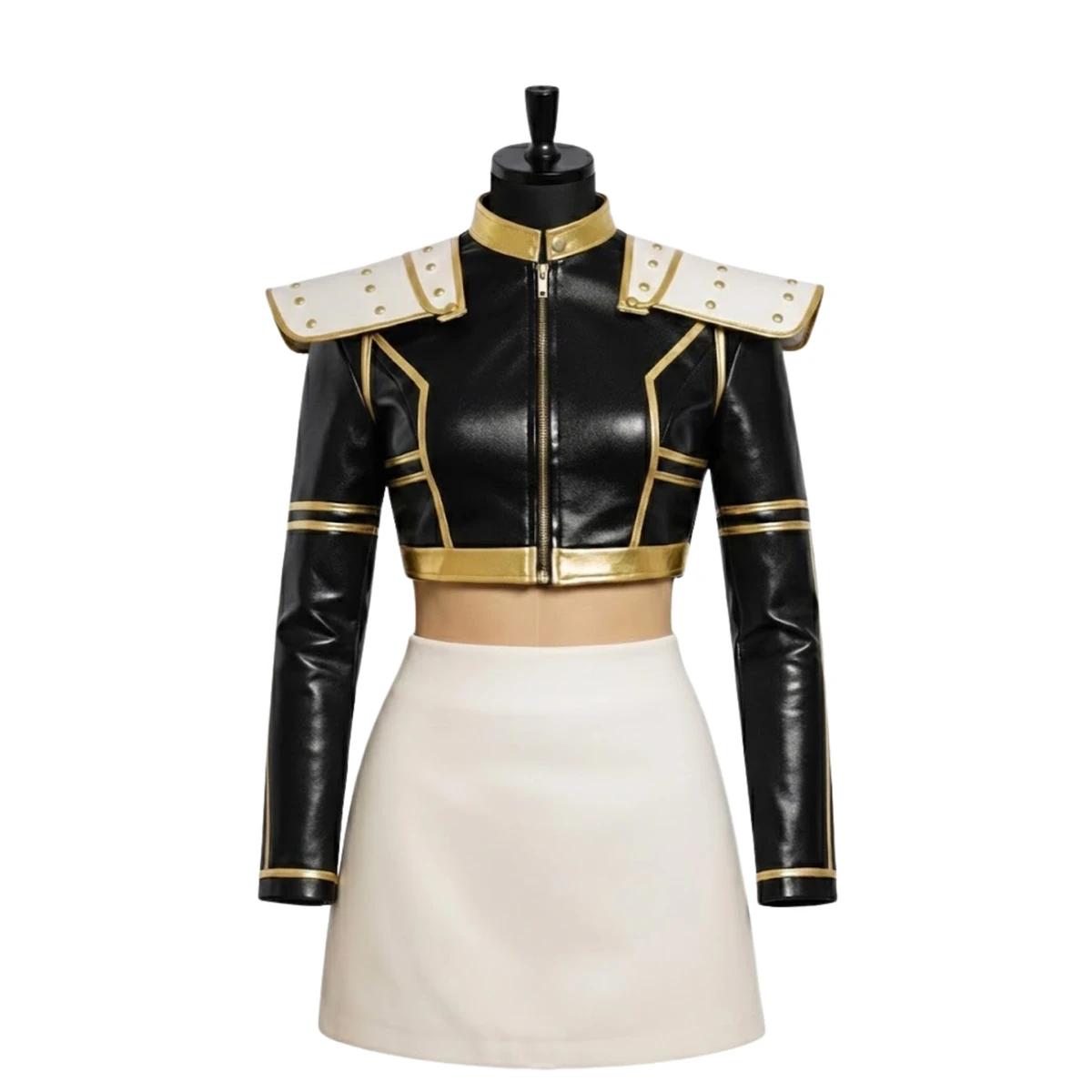 Handmade Leather Demon Hunter Costume - Black & Gold Jacket, White Skirt