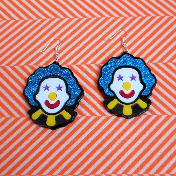 Colorful Circus CLOWN Acrylic Earrings in Red, White, Yellow, Glitter Blue, Black With Silver Earring Hooks // Plastic Jewelry