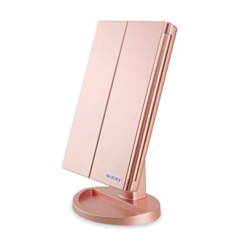 WEILY Miroir de Maquillage, 1x / 2X / 3X Miroir de Maquillage à Trois Volets avec 21 lumières LED et Miroir réglable à écran Tactile Miroirs de comptoir cosmétiques（Or Rose）