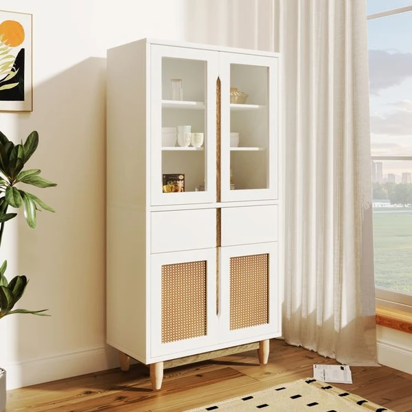 Vitrine 120cm - avec porte imitation rotin - porte acrylique encastrée - MDF - Naturel