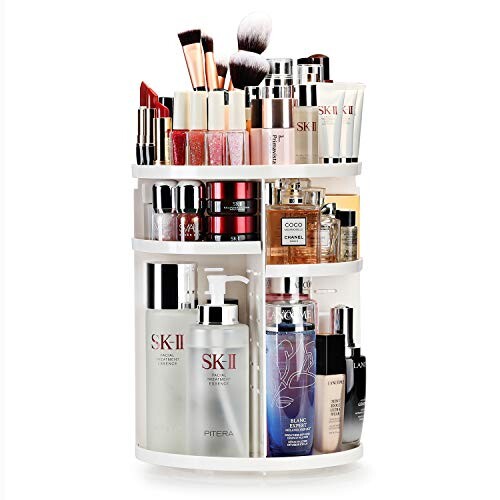 Auxmir Organisateur tournant pour produits cosmétiques/maquillage Pivotant à 360° Rangement de maquillage pour dressing, salle de bain, chambre à coucher Blanc