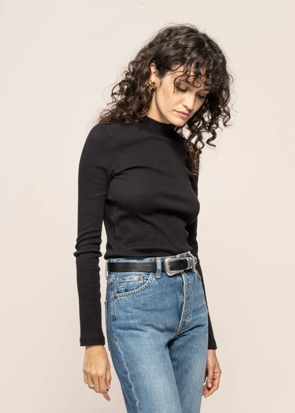 T-shirt manches longues en coton bio | noir "rib high neck long sleeved black jet" Knowledge Cotton Apparel