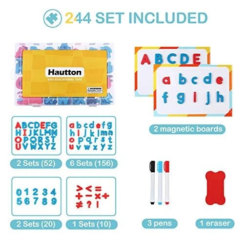 Hautton 238 Lettres et Chiffres Magnétiques + 2 Tableaux, Lot de Lettres Aimantées en Mousse pour l'Apprentissage de l’Alphabet pour Enfant, pour Réaliser et Apprendre Ses Premiers Mots en S’Amusant