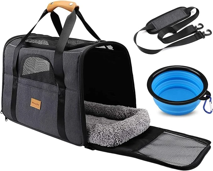 Morpilot Sac Transport Chat Chien, Caisse de Transport Chat Respirant et Pliable Cage Transport Chat avec Matelas en Peluche Amovible + Bol (Accepté au Maximum 15lbs/7kg，44 * 31 * 34cm)