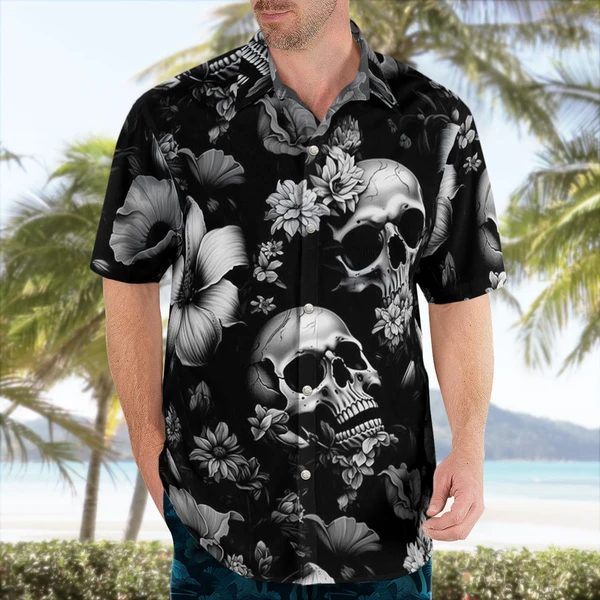 Black White Skulls and Daisies Hawaiian Shirts for Men - Tropi Hawaiian Shirts