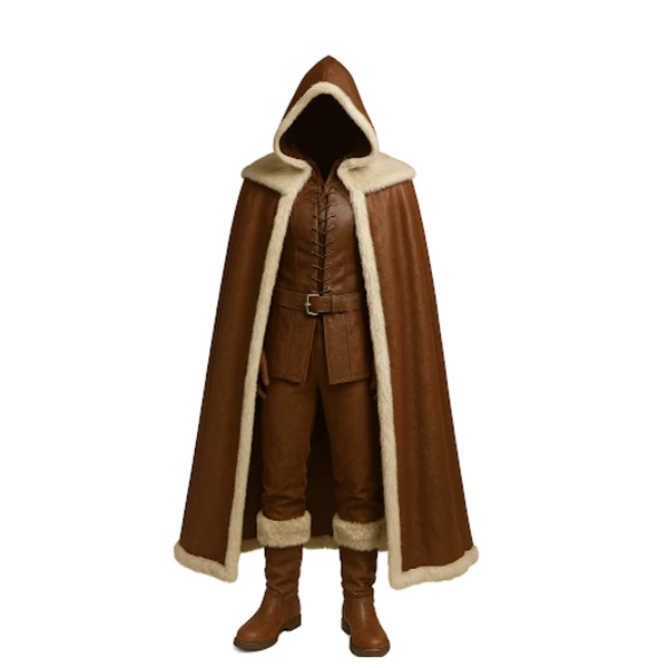 Frostland Tracker Fur Cloak Costume Set - Brown Medieval Hooded Cloak - Leather Medieval Cloak with Vest For Cosplay - LARP & Cosplay Outfit