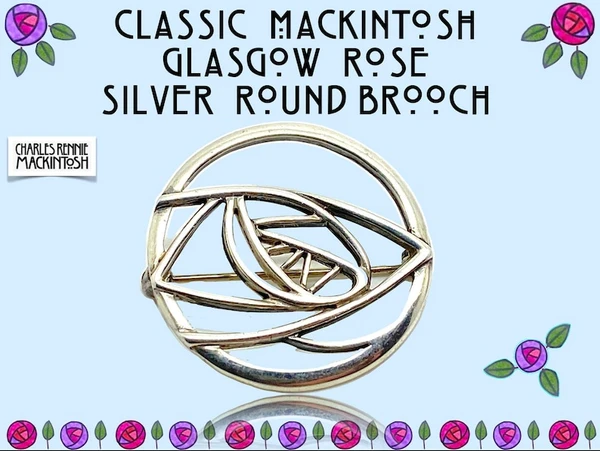 Broche ronde classique en argent 925 Rennie Mackintosh Glasgow rose