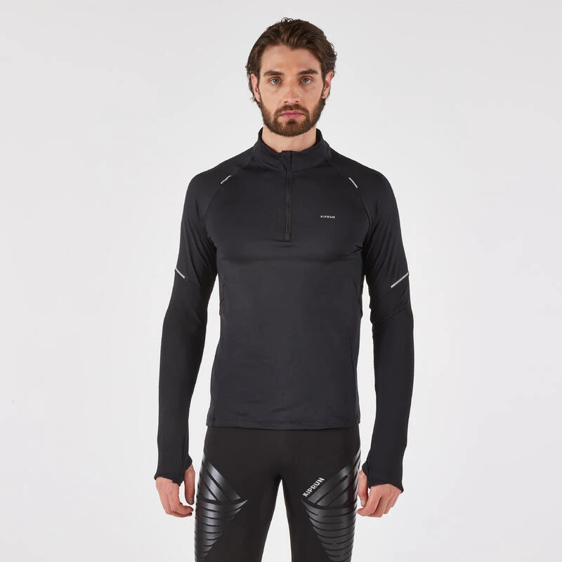 T-shirt manches longues demi zip chaud Homme, Kiprun run 500 warm noir