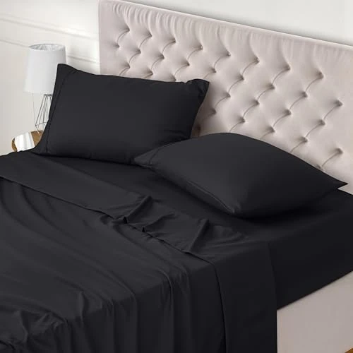 Utopia Bedding Parure de Lit 150x200, Draps de Lit 2 Personnes, Ensemble de Draps 4 Pièces, Polyester Microfibre, 1 Drap Housse 150x200, 1 Drap Plat 266x259 et 2 Taies d'oreillers 50x75, Noir