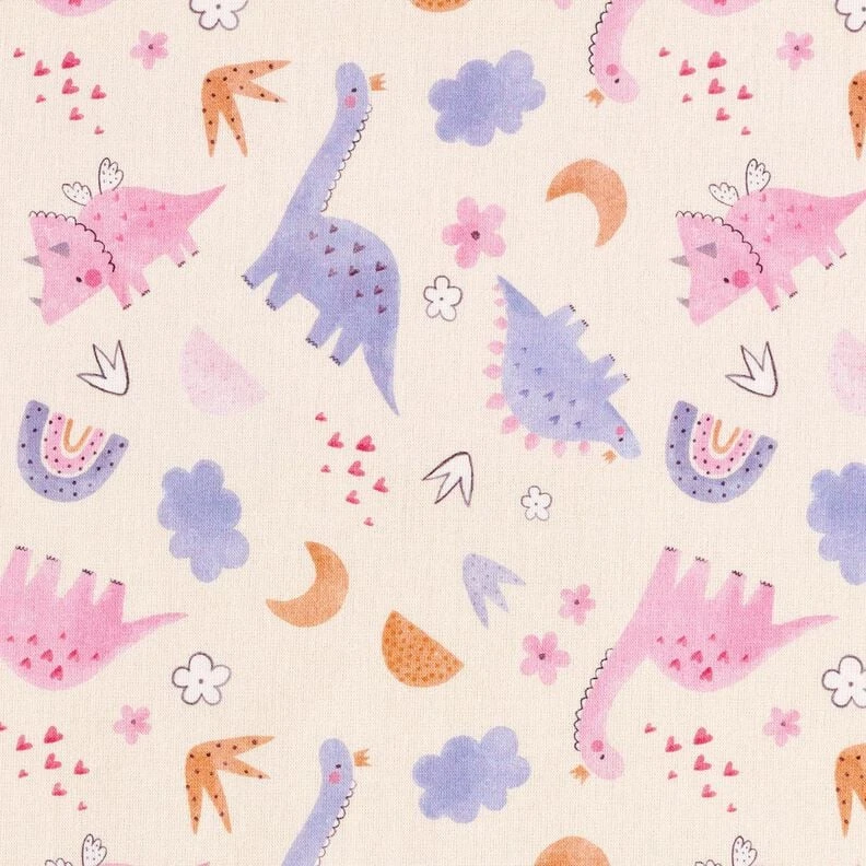 Popeline coton Princesses dinosaures Impression numérique – beige clair