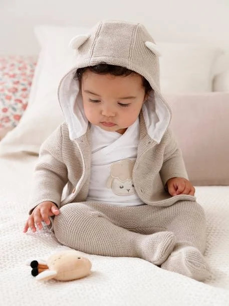 Ensemble naissance 3 pièces en point mousse beige chiné - Vertbaudet