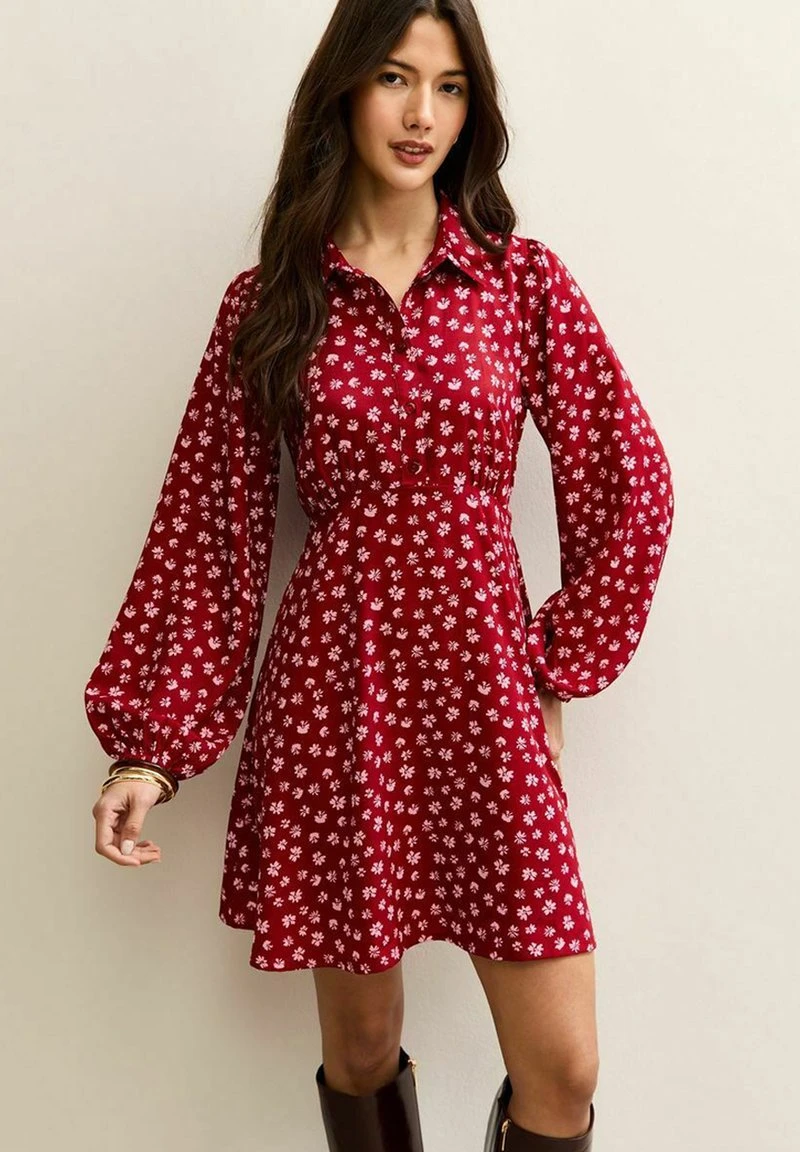 New Look FLORAL LONG SLEEVE MINI - Robe chemise - red pattern/rouge - ZALANDO.FR