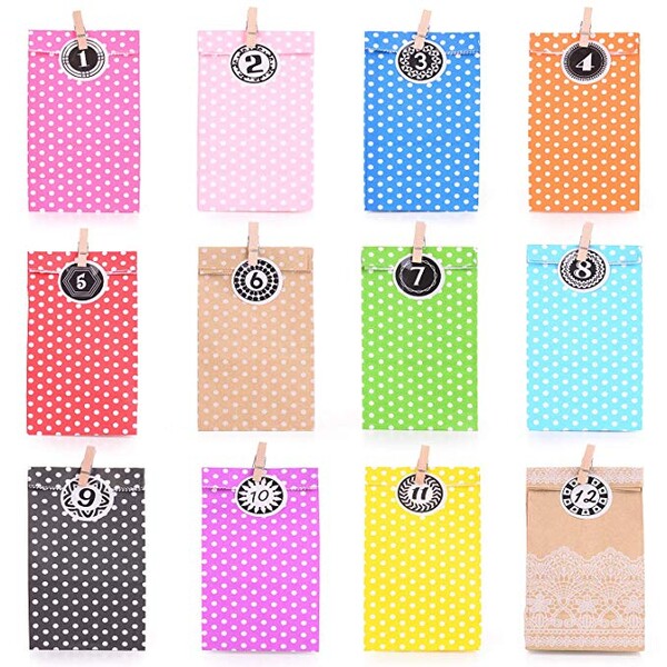 EKKONG Sac Cadeau Coloré en Papier, 24 Calendrier de l'Avent de Noël avec 1-24 numéros de l'Avent et 24 Pinces en Bois, Sac Emballage Cadeau pour Noël Mariage Anniversaire Enfant Pques Party: Amazon.fr: Jeux et Jouets