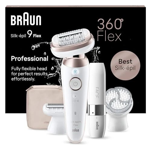 Braun Silk-épil 9 Flex, Épilateur Avec Tête Flexible À 360°, Épilation Facile, Étanche, Avec Tête De Rasoir Pour Femmes, Sabot Tondeuse Et Brosse Exfoliante, Mini-Rasoir Visage, 9-360 3D, Blanc/Rose