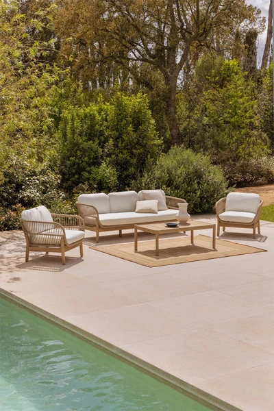 Ensemble de jardin avec canapé 3 places, 2 fauteuils et table basse en bois d'acacia et corde tressée Karvia