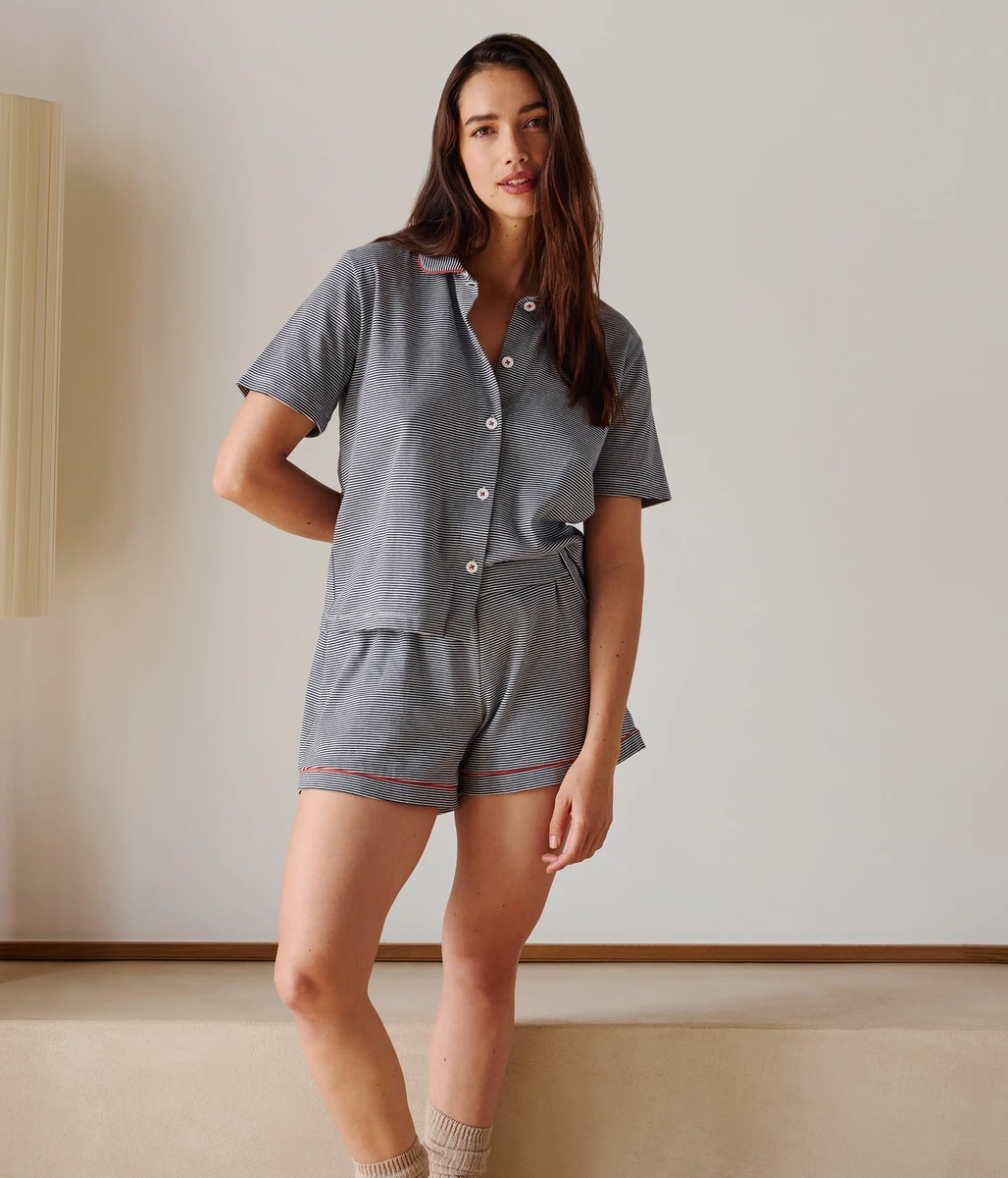 Pyjama short femme en coton boutonnée à rayures