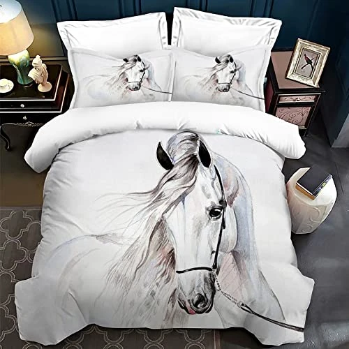 Housse de Couette pour chevaux impression 3D,Parure de lit pour animaux enfants 3 pièces,housse de couette microfibre avec fermeture éclair,pour garçons, adolescents (Cheval blanc, 220x240)