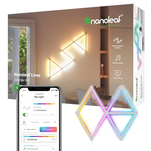 Nanoleaf Lines 60 Degrés Kit de Démarrage, 9 Barres Lumineuses LED RGBW Connectées - Appliques Murales Luminaires Intérieur Modulaires Wi-Fi 16M Couleurs, Compatible Alexa, pour Salon Chambre Gaming