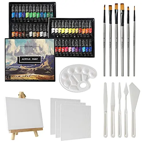 GC QUILL 48 Tubes de Peinture Acrylique de 12 ml avec 6 Pinceaux, Couteaux,Toile, Chevalet, pour Peinture d'artiste sur Bois, Céramique, Tissu, Travaux Manuels GC-APK48