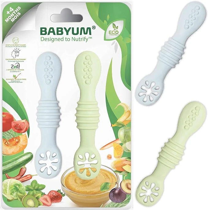 BABYUM® Pack 2 Pré Cuillères d'Apprentissage pour Enfants et Bébés 1er, 2eme Age (+4 /+6/+12 mois) - Ideal Diversification Alimentaire DME BLW - Vaisselle et Couvert Ergonomique (Gris & Vert)