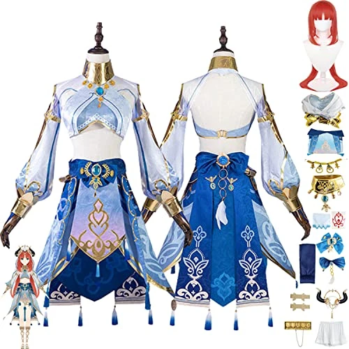 Tjmiaohao Genshin Impact Nilou Cosplay Costume Outfit Jeu Personnages Hutao Uniforme Ensemble Complet Halloween Party Dress Up Costume avec Perruque pour Femmes Filles (L)