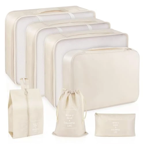 7 Pièces Organiseurs de Bagage pour Voyage, Organisateur Valise Packing Cubes, Voyage Imperméable Set, pour Vêtements Sous-vêtements, Chaussures et Cosmétiques(Beige)