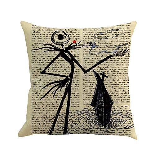 Jaysis Housse De Coussin Décoratif Happy Halloween Journal Motif Imprimé Beige Taie d'oreiller Decoration Lin Coton Carré Throw Pillowcase Coussin De Canapé 45 x 45 cm Sofa Maison Oreiller Vintage