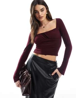 Pull&Bear - Top froncé en tulle à manches longues - Bordeaux