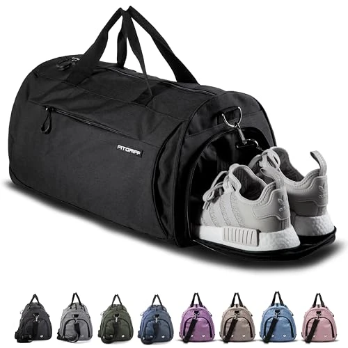 Fitgriff® Sac de Sport Homme &amp; Femme V1 - Sacs de Voyage avec Compartiments Chaussures et Humide, pour Gym, Fitness, Weekend - Duffel Bag (Full Black, 48 x 26 x 25 cm (Small))