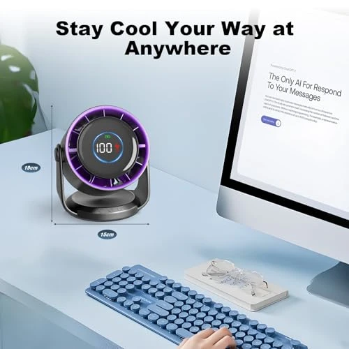 Rintea Ventilateur de Bureau Rechargeable,Ventilateur USB Silencieux,100 Vitesses avec Fonction Mémoire,Affichage Led, Pivotant 115°,Ventilateur Suspendable,pour Chambre Bureau Cuisine Camping [gris]