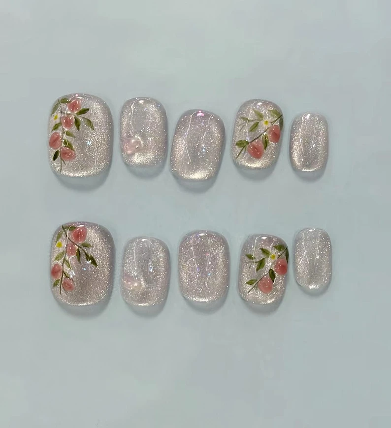 Ongles à presser oeil de chat pêche : faux ongles en gel acrylique peints à la main