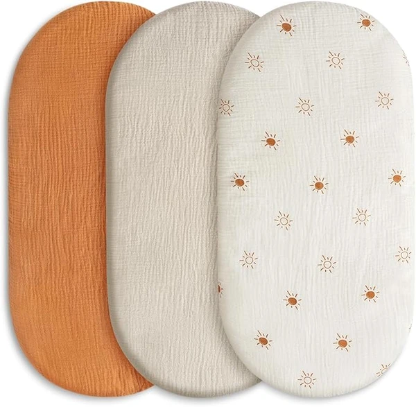 Lot de 3 draps-housses pour parc, 100 % mousseline de coton, doux et de qualité supérieure, draps-housses universels pour poussette, cadeau de naissance (solaire)