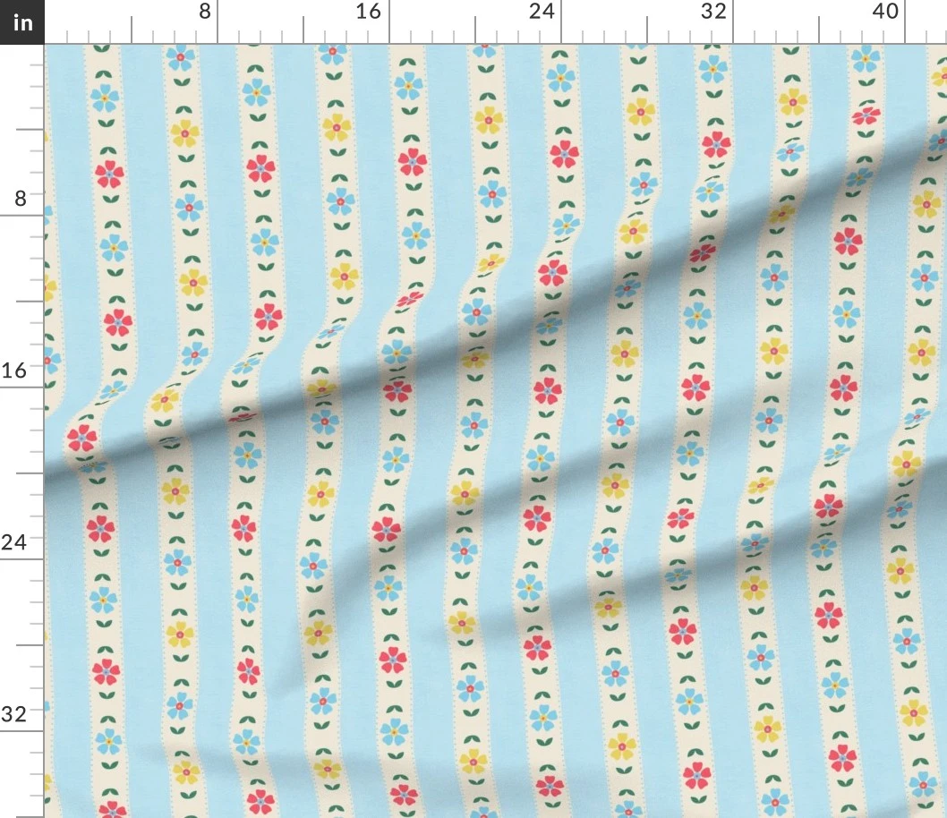 Fabric in Cottage Core Floral Light Blue Stripes - small scale