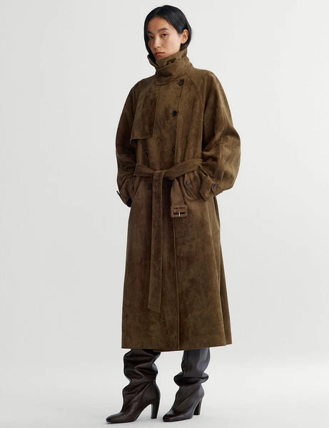 Khaki Brown Suede Trench Coat